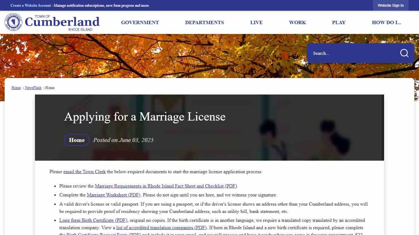 Applying for a Marriage License • Cumberland, RI